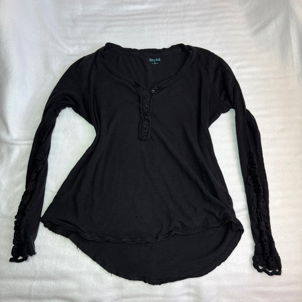 Y2k Mudd Womens Black Henley Long Sleeve Crochet Lace Trim Top Large